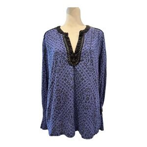 Lucky Brand Navy Blue Boho Print Blouse XL - Black Velvet Neckline